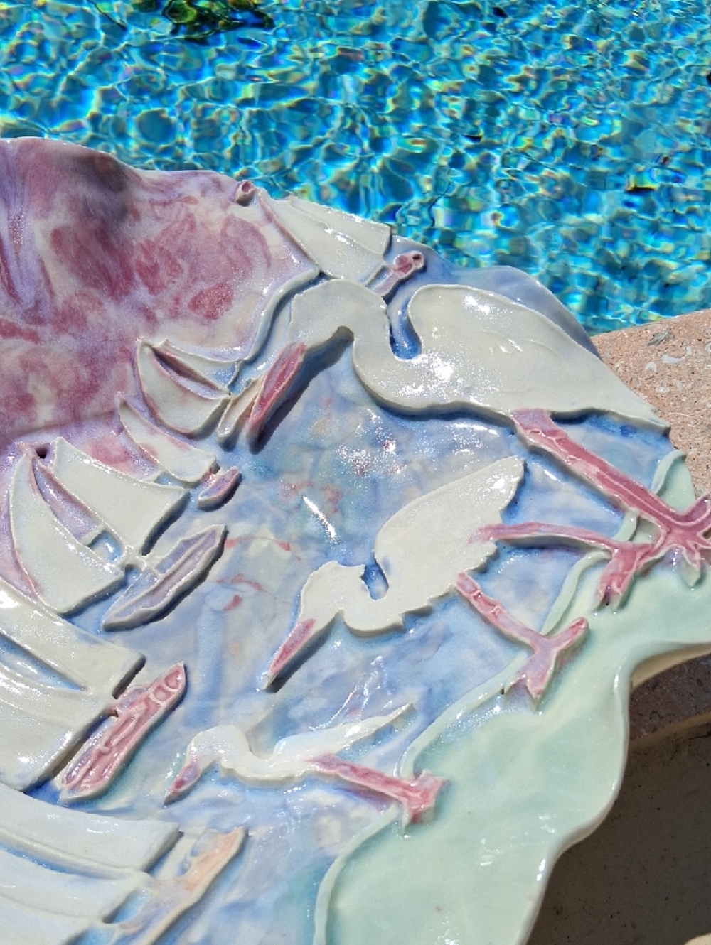 Unique 3D Handcrafted Coastal Ceramic Center Bowl Art W/Pastel Sea Life Theme. - Picture 3 of 15